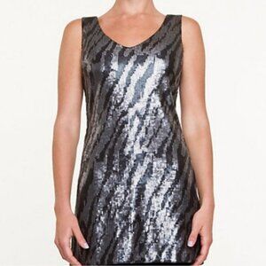 Le Chateau Sequin Mini Dress XXS V-neckline Black Silver Shiny Party Dress NWT